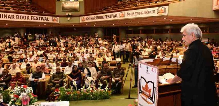 LG Manoj Sinha Inaugurates Chinar Book Festival in Srinagar, Calls for Literary Revival and Historical Rewriting